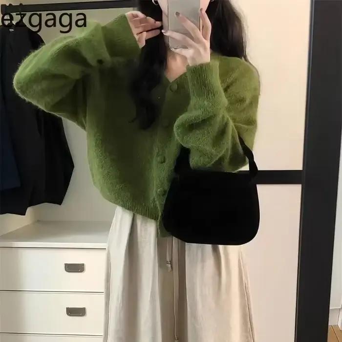 Ezgaga pletený cardigan pre ženy jeseň zima móda voľný pevný V-výstrih vrchné oblečenie skrátený sveter Vintage mäkký