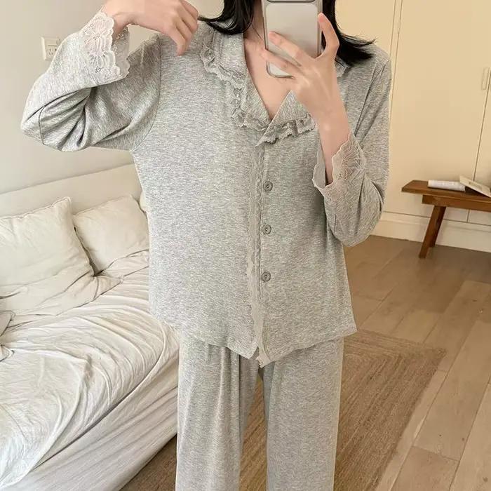 Nouveaux pyjamas pour femmes 2026 – Ensemble deux pièces en modal et dentelle à petit col, cardigan à manches longues, idéal printemps-automne