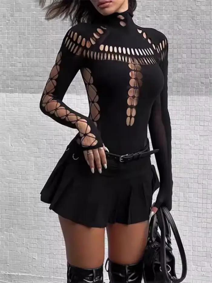 FHSEER Sexy body pre ženy Y2K vysoký golier obtiahnutý kruhový výstrih vpredu a rukávy zo sieťoviny so šnurovaním pružný Edggy Clubwear Streetwear