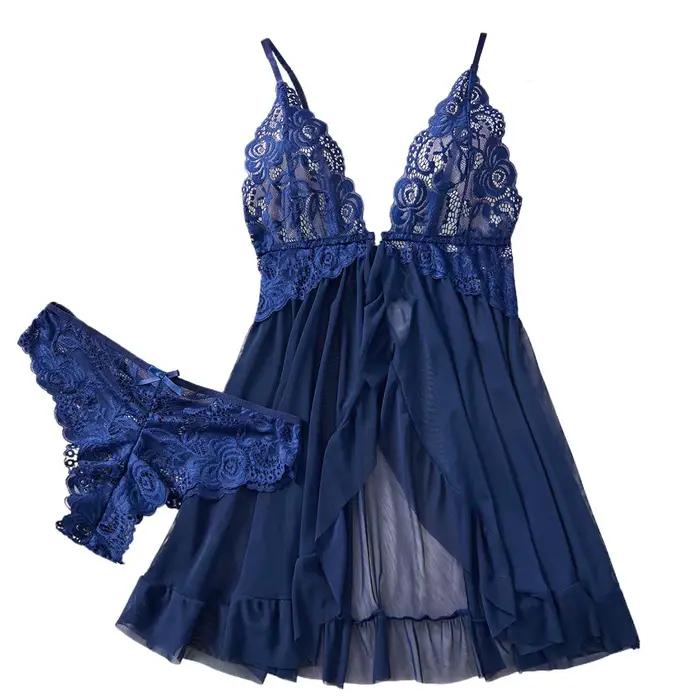 Ensemble de lingerie transparente bleue pour femmes, sous-vêtements, vêtements de nuit, robe de nuit en dentelle et culotte, pyjama, nuisette féminine