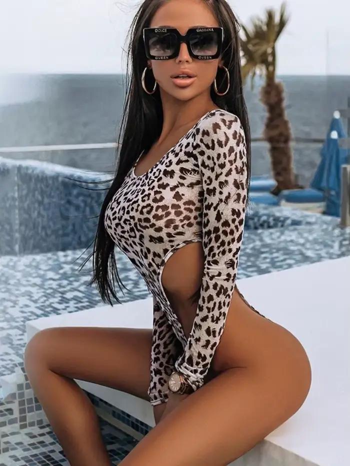 Body léopard à manches longues, Lingerie transparente en maille, hauts Sexy pour femmes, tenue Rave Y2k, vêtements moulants une pièce