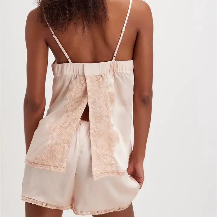 Ensemble pyjama Sexy en Satin pour femmes, 2 pièces, cravate en dentelle, col en V, bretelles Spaghetti, haut et short, style Boho, Vintage, vêtements de nuit assortis