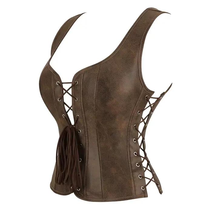 Hnedý korzetový top v štýle vintage steampunk pre ženy