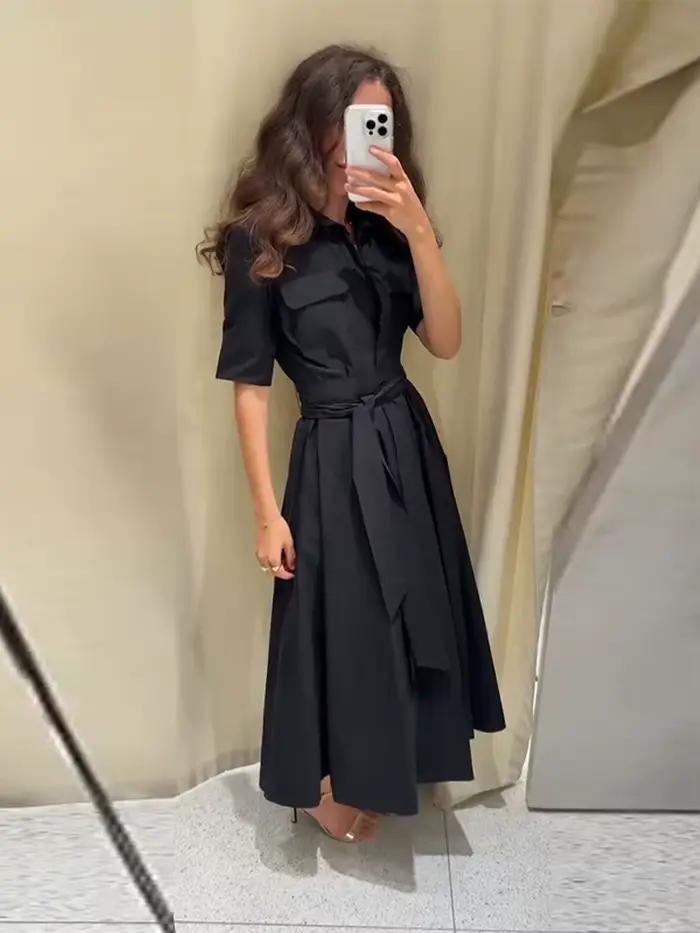 Nová elegantná čierna plisovaná dlhá šaty pre ženy s opaskom