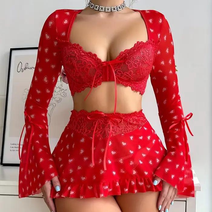 Toucheart 3-dielna priesvitná sexy bielizeň pre ženy červená láska podprsenka sieťovaná patchwork nariasená šnurovaná