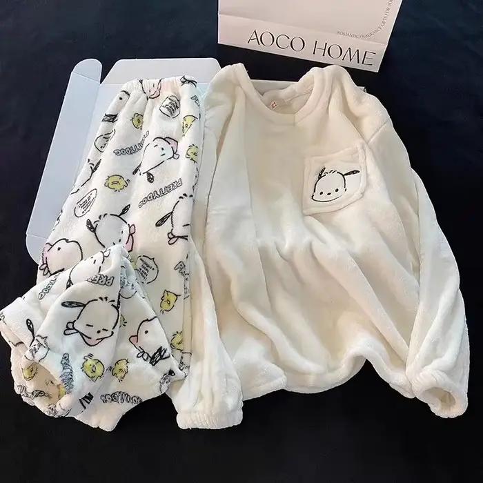 Pyjama d'hiver chaud en flanelle et velours corail pour fille, motif Cinnamoroll, Kuromi, My Melody, style anime kawaii 2026