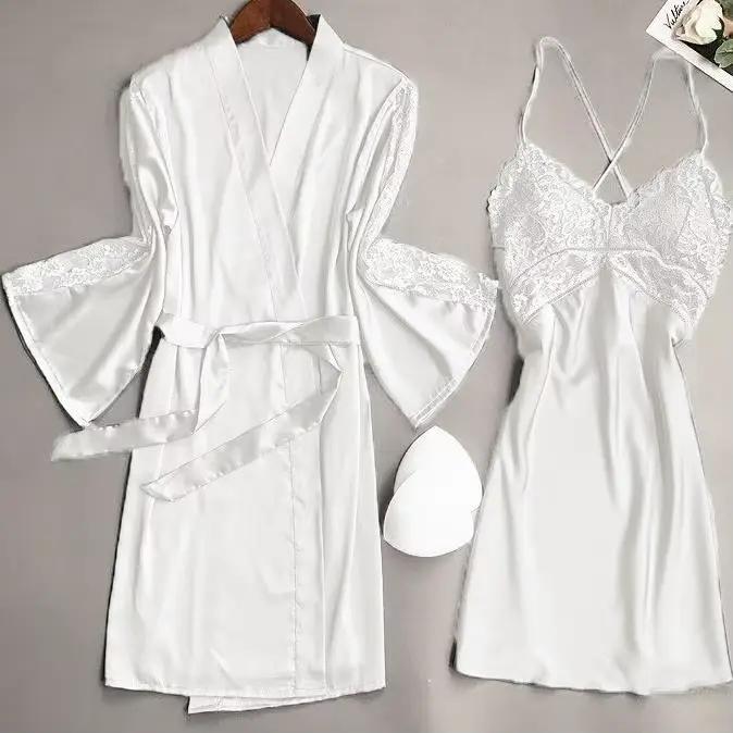 Ensemble de vêtements de nuit en Satin pour femmes, 2 pièces, Robe de mariée blanche, demoiselle d'honneur, garniture en dentelle, vêtements de nuit Sexy pour femmes, peignoir décontracté, vêtements d