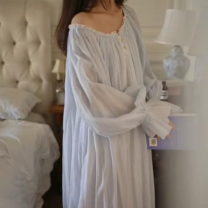 Chemise de nuit en coton tricoté 100% femme style vendange longue ample bleu vintage pour dormir occasions spéciales ```