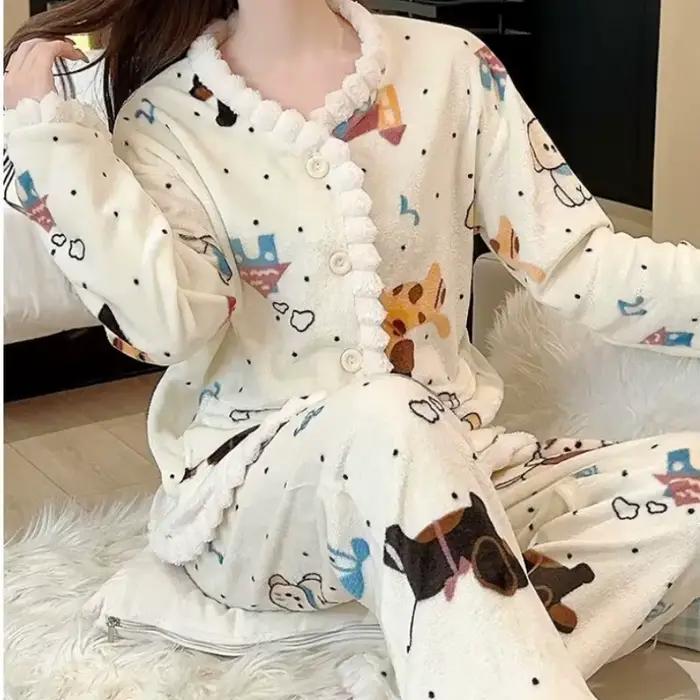 Pyjama en molleton de corail pour femme, imprimé, épais, en peluche, Cardigan, costume chaud et doux, vêtements de maison, manches longues, automne hiver