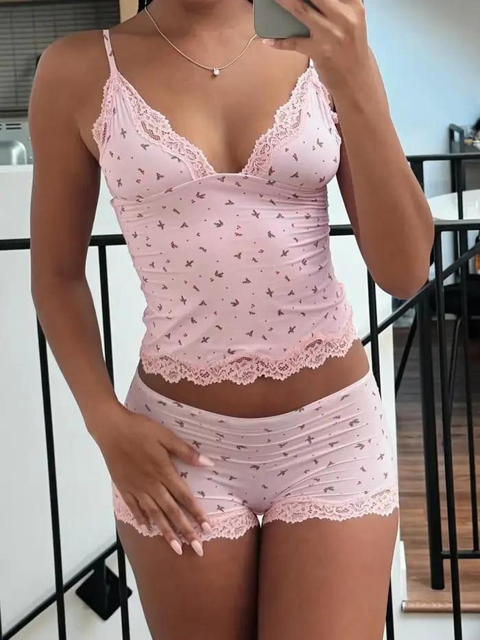 Ensemble de pyjama deux pièces pour femmes, rose, dentelle florale, patchwork, vêtements de nuit, camisoles sans manches et shorts mignons et fins, vêtements de détente