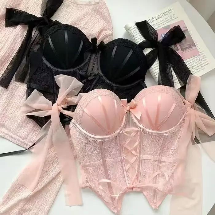 Doux Sexy dames ensemble de soutien-gorge arête de poisson Corset épicé fille dentelle Lingerie sangle rembourrage froncé Type mince Corset femmes ensemble de soutien-gorge