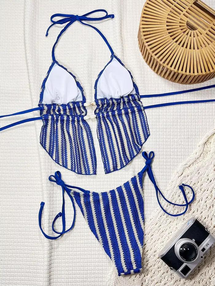 Maillot de bain deux pièces vintage triangle 2026 pour femme, bleu rayé, ajouré, avec pierres, push-up, haut court, tenue de plage