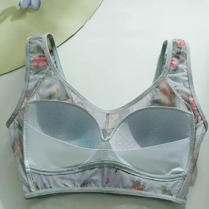Soutien-gorge de nuit push-up en dentelle florale pour femme, sans couture, grande taille, imprimé floral, sous-vêtement type débardeur, avec bande élargie, en maille de soie glacée, pour personnes âg