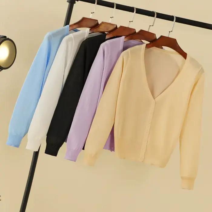 Dámsky kórejský štýl letný ľahký cardigan s dlhým rukávom crop top