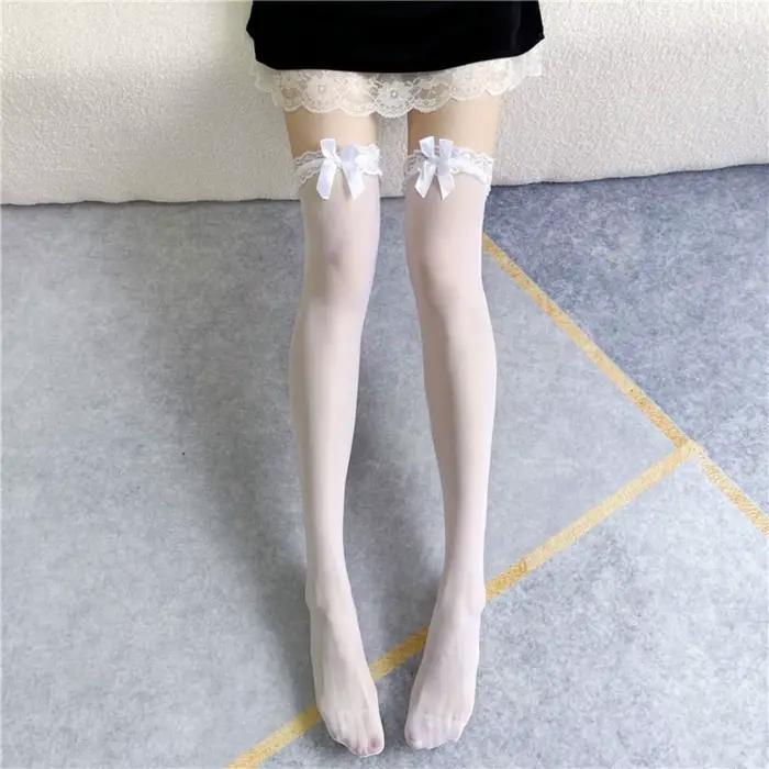 Chaussettes longues Sexy femmes dentelle nœud bas doux confortable Sexy longues chaussettes Anti-fric Nylon genou cuisse haute chaussettes discothèque