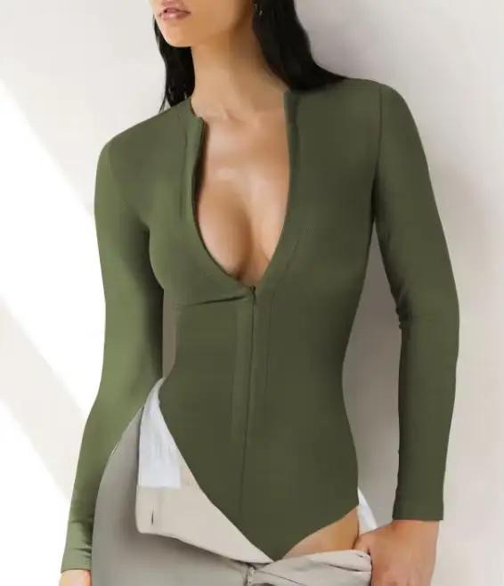 Body Femme Printemps 2026 Nouveau Modèle Couleur Unie Demi-Zip Col Rond Manches Longues Moulant Quotidien Basique en Maille