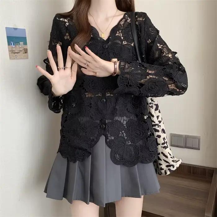 Boring Honey veľká veľkosť čipka háčkovanie výstrih do V košeľa s dlhým rukávom pre ženy módny všestranný elegantný