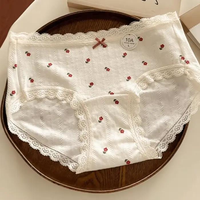 Culottes en coton à nœud floral, rayures et pois, lingerie pour femme, dentelle à carreaux, motif fleur douce, slips pour femme