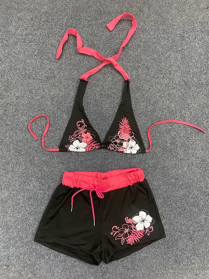 Letný plážový Ins módny horúci Sexy dámsky dvojdielny Bikini krásny Vintage kontrastný kvetinový potlač podprsenka s ramienkami
