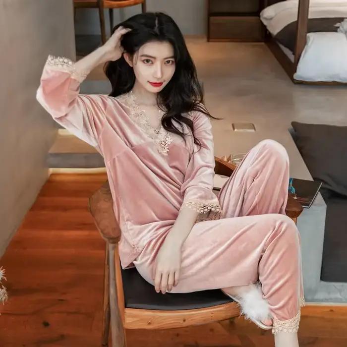 Ensemble de pyjamas en velours pour femmes, automne-hiver, manches longues, pantalon long, vêtements de maison, confortables, décontractés, élégants, vêtements de nuit