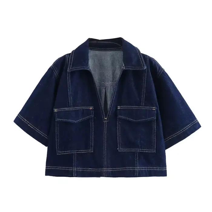 MUJER modrá Denim košeľa pre ženy s krátkym rukávom krátka