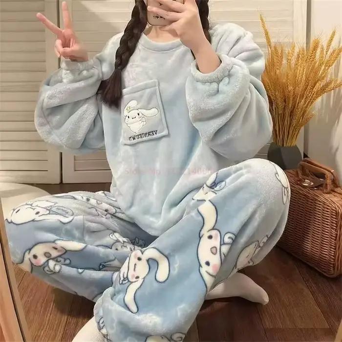 Pyjama d'hiver en flanelle Cinnamoroll, Kuromi, My Melody, style anime kawaii, en velours corail, chaud, pour la maison, cadeau pour fille