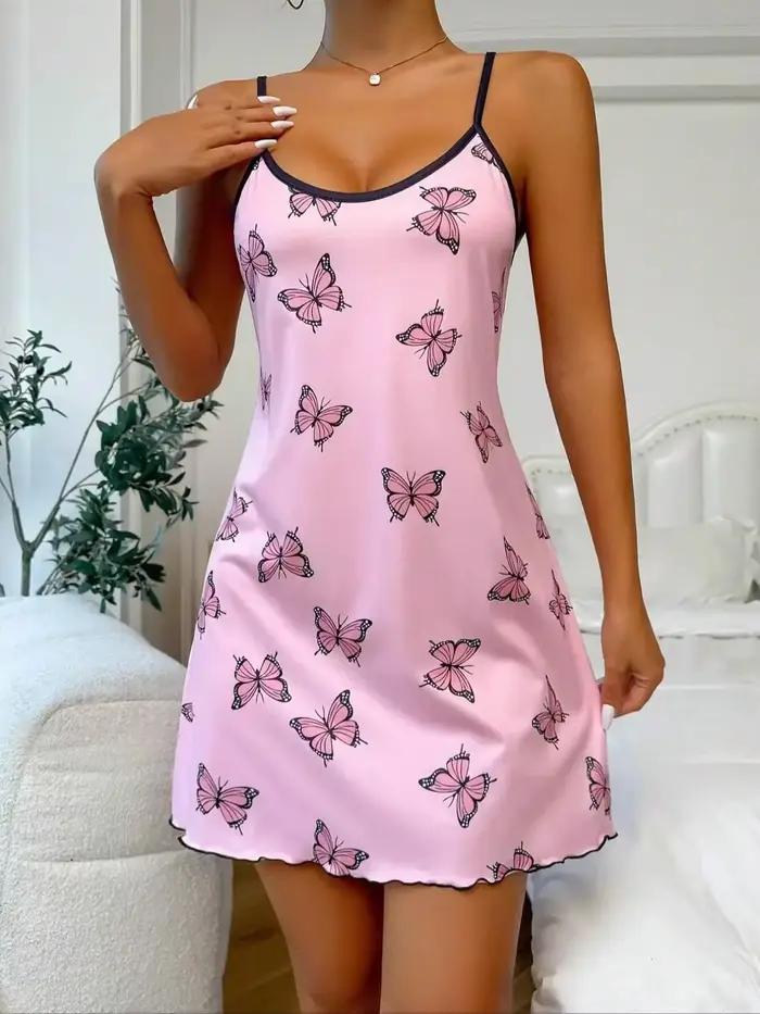 Rose papillon imprimé vêtements de nuit femmes Sexy Lingerie chemise de nuit col rond robe de nuit fendue cuisse nuisettes chemise de nuit vêtements de détente