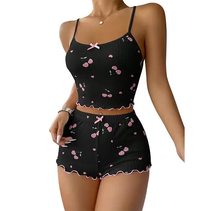 Ensemble pyjama 2 pièces pour femmes, haut caraco avec nœud imprimé cerise sur le devant et ensemble pyjama court, vêtements de nuit mignons et doux