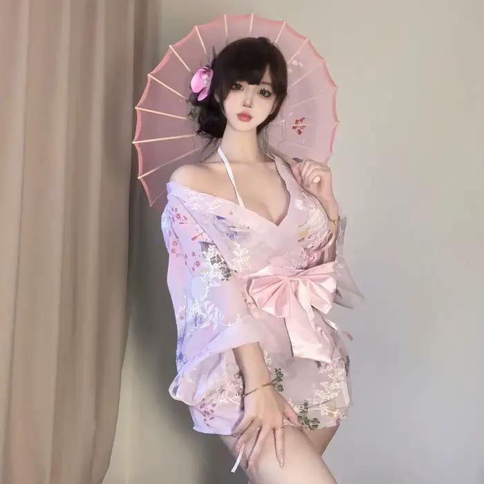 Nová nočná róba Kimono z potlačeného a vyšívaného šifónu s mašľou
