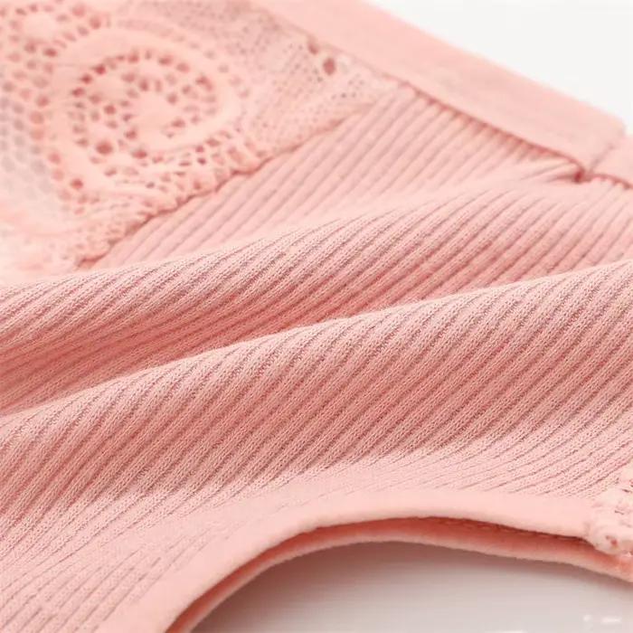 Ensemble de lingerie en coton tricoté orné de dentelle fleur, 3 pièces, taille basse, string, lingerie féminine élégante et sexy