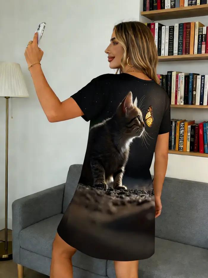 Chemise de nuit pour femmes, col rond, manches courtes, printemps-été, imprimé chat et papillon rêveux