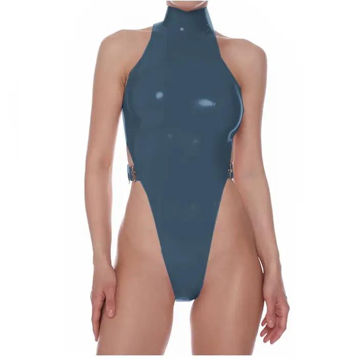 Body en Faux cuir PVC pour femmes, combishort fourreau sans manches, lingerie sexy, body justaucorps une pièce, moulant à boucle