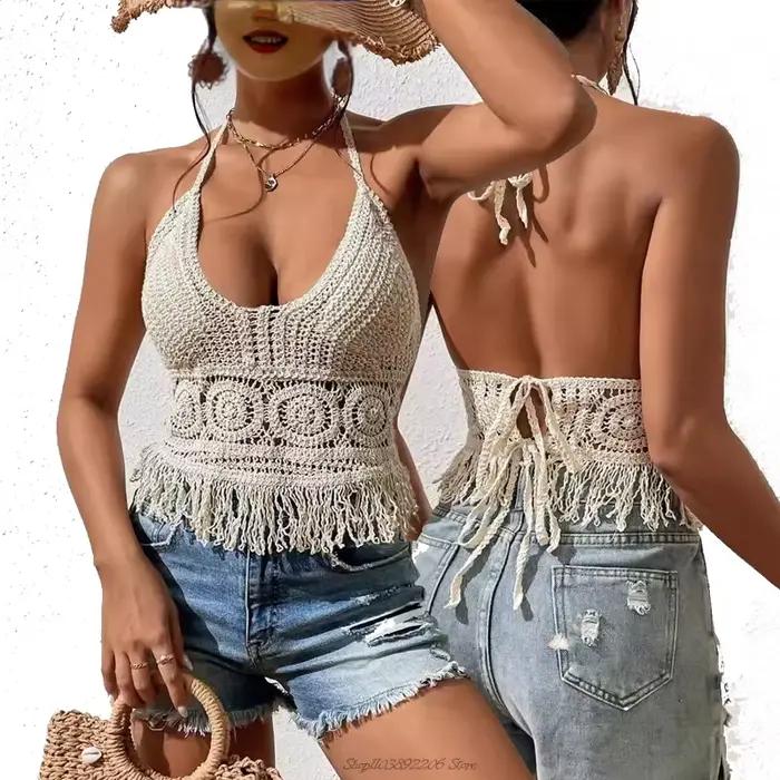 Dámske letné plážové Boho kultúrne topy Sexy Y2K pletené s odhaleným chrbtom tielka Háčkované strapce lem lano podprsenka