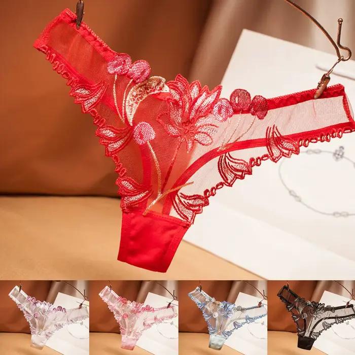 Slip sans couture pour femmes, maille entièrement transparente, broderie, culotte Sexy, taille basse, Lingerie intime