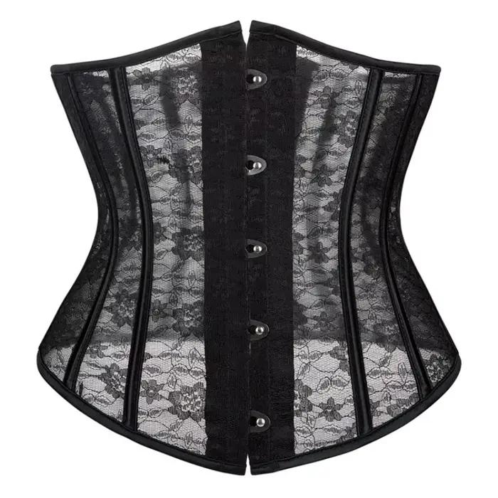 Corset sous-poitrine pour femme, noir et blanc, en maille transparente et dentelle, avec baleines en plastique, bustier, basques, gaine amincissante, serre-taille, korset ﻿