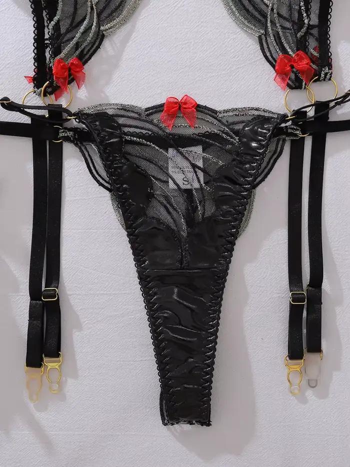Ensemble de lingerie sexy pour femme, soutien-gorge noir à armatures, broderie géométrique, porte-jarretelles et culotte, sous-vêtements fantaisie, lingerie sexy exotique et érotique