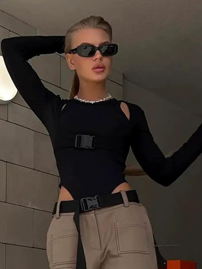 Body Sexy solide Lingeire faux deux pièces à manches longues corps Feminino boucle une pièce Rave tenues moulante Lenceria Femenina
