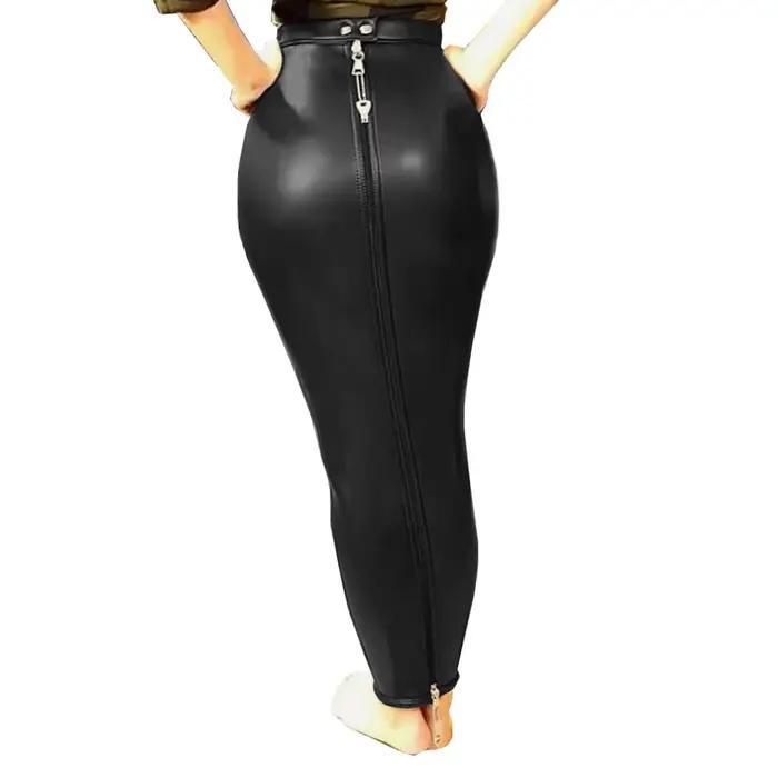 Sissy vysoký pás obtiahnutá Hobble Bondage uzamykateľná plná zipsová sukňa pre ženy z PU kože tenké dlhé ceruzkové sukne Goth Fun Kostým S-7XL