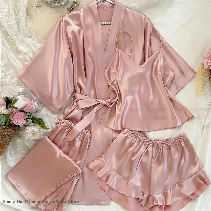 Femmes Pyjamas 4 pièces ensemble printemps été nouveaux vêtements de nuit vêtements de détente Sexy peignoir robe jarretelle Pijamas costume soyeux Satin maison vêtements