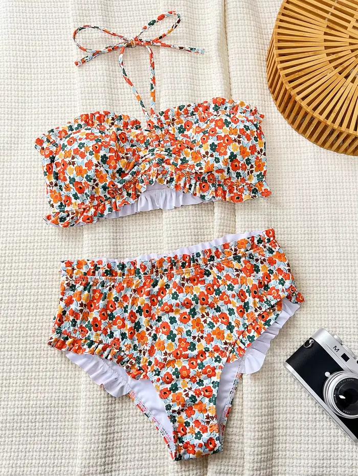 Imprimé fleuri Bandeau deux pièces Bikini ensemble épaules nues femme maillot de bain taille haute plissé pansement femmes maillots de bain maillot de bain