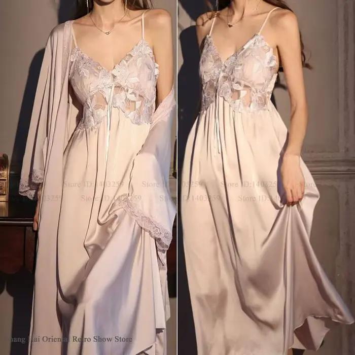 Élégant femme longue Robe ensemble chemise de nuit soyeux glace soie vêtements de nuit Homewear SEXY évider dentelle chemise de nuit Lingerie vêtements de détente