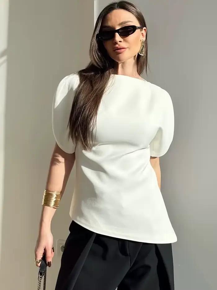 SLTNX Čierne voľné a elegantné tričká s krátkymi nafúknutými rukávmi pre ženy