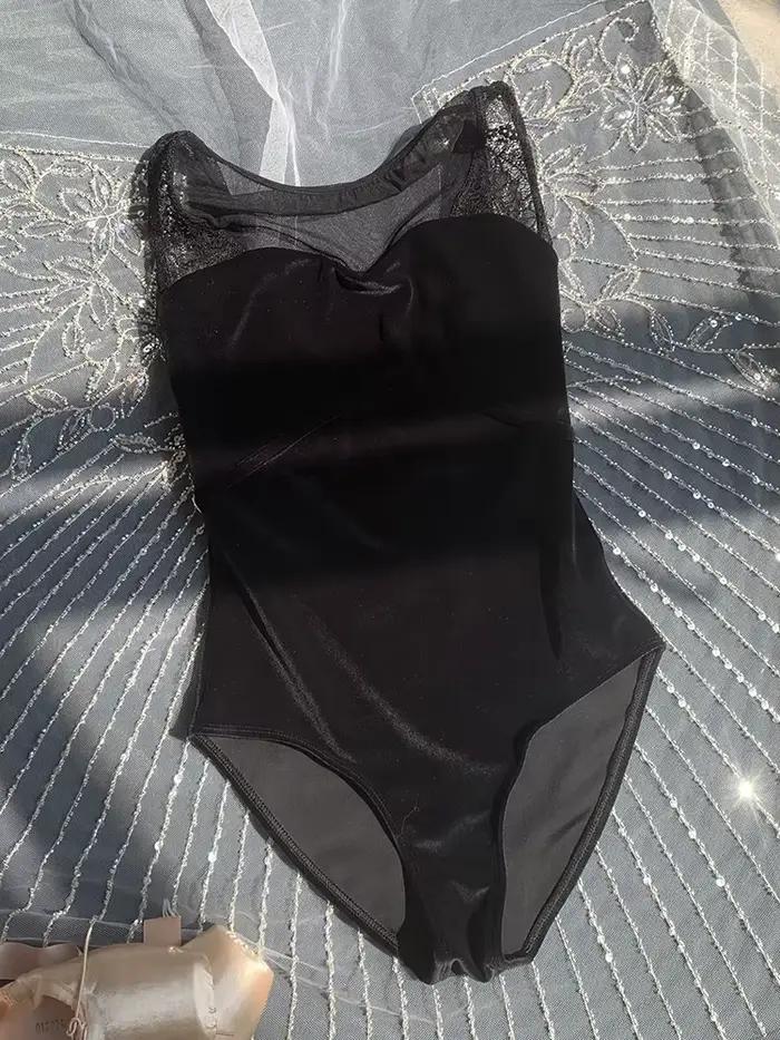 Justaucorps de ballet vintage noir en velours pour femme, tenue de danse douce, costume de gymnastique pour femme