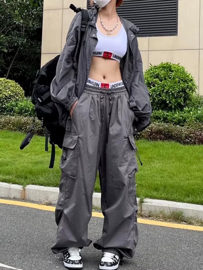 Čierne Y2K padákové nohavice pre ženy Hippie Streetwear s nadrozmernými vreckami Cargo