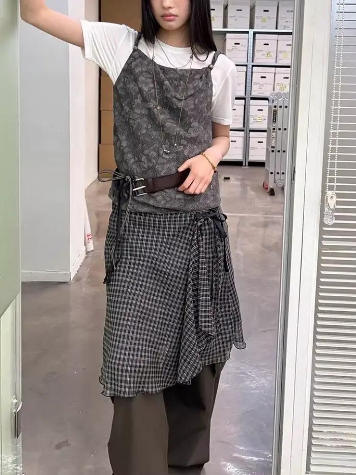 Deeptown Vintage Plaid sieťovaná sukňa pre ženy japonská asymetrická midi