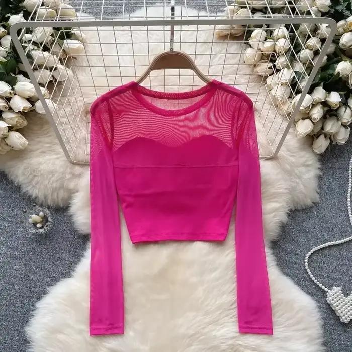 Dámske elegantné priesvitné sieťované patchworkové dlhé rukávy krátky top tenký sexy kórejský tričko módne okrúhly výstrih jeseň