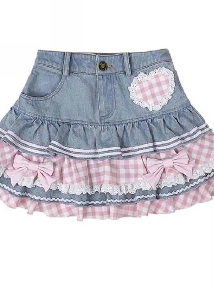 Jemná japonská Lolita mini sukňa plesové šaty pre ženy Harajuku roztomilá džínsová