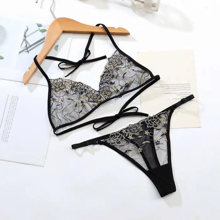 Francúzsky sexy čipkovaný erotický set z vyšívanej sieťoviny 2-dielna lingerie pre ženy s odhaleným výstrihom podprsenka a tangá