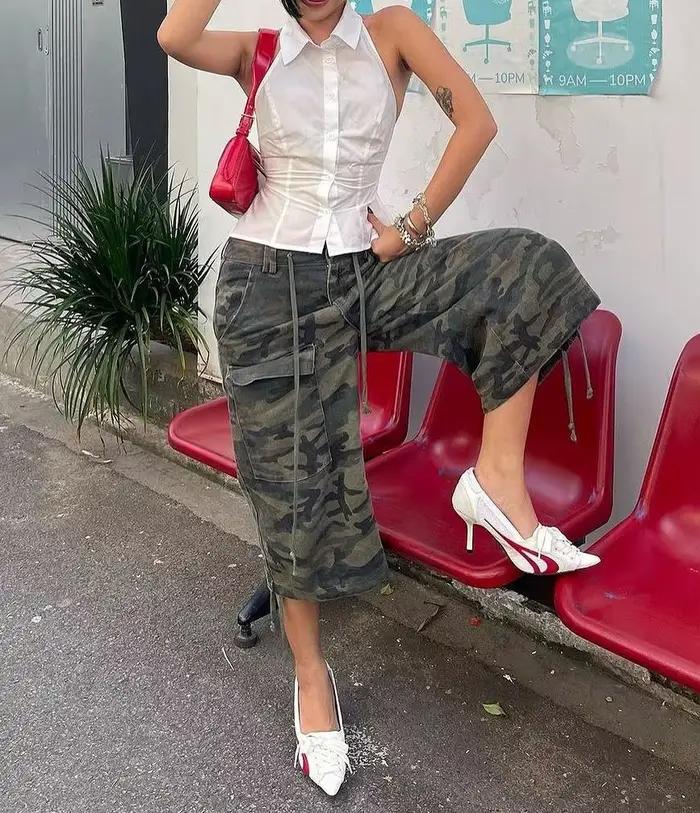 Nová letná móda pre ženy Cargo šortky ležérne s kamuflážnou potlačou voľné so šnúrkou krátke nohavice pre Club Streetwear