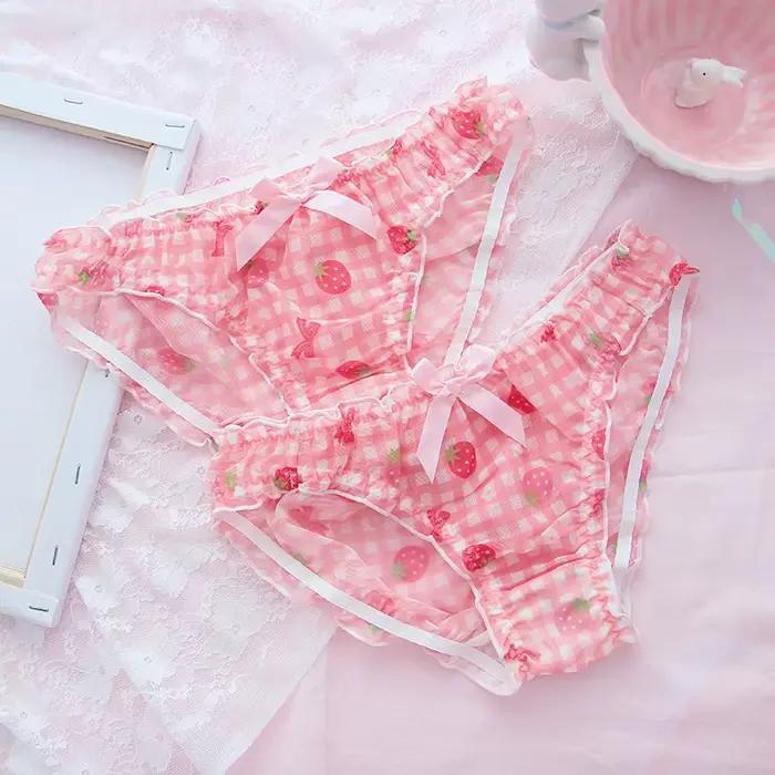 Roztomilá jahodová školáčka nohavičky Sexy sieťované priedušné japonské Kawaii Lolita spodné prádlo pre ženy tangá